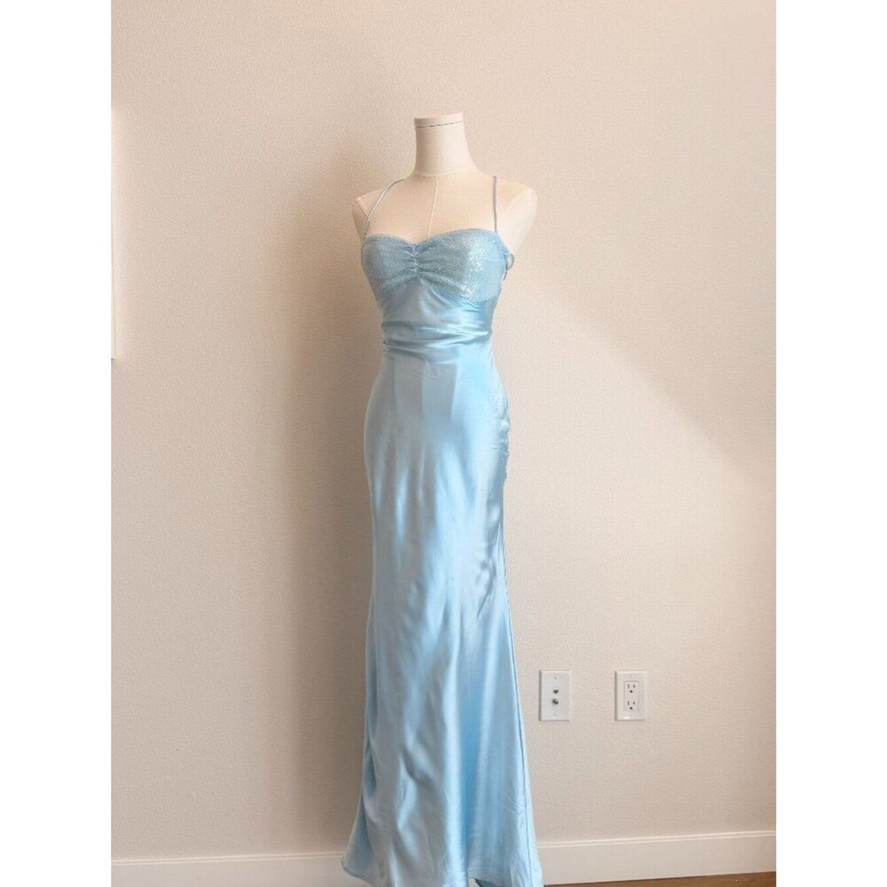 Sequin Bust Satin Maxi Dress in Light Blue